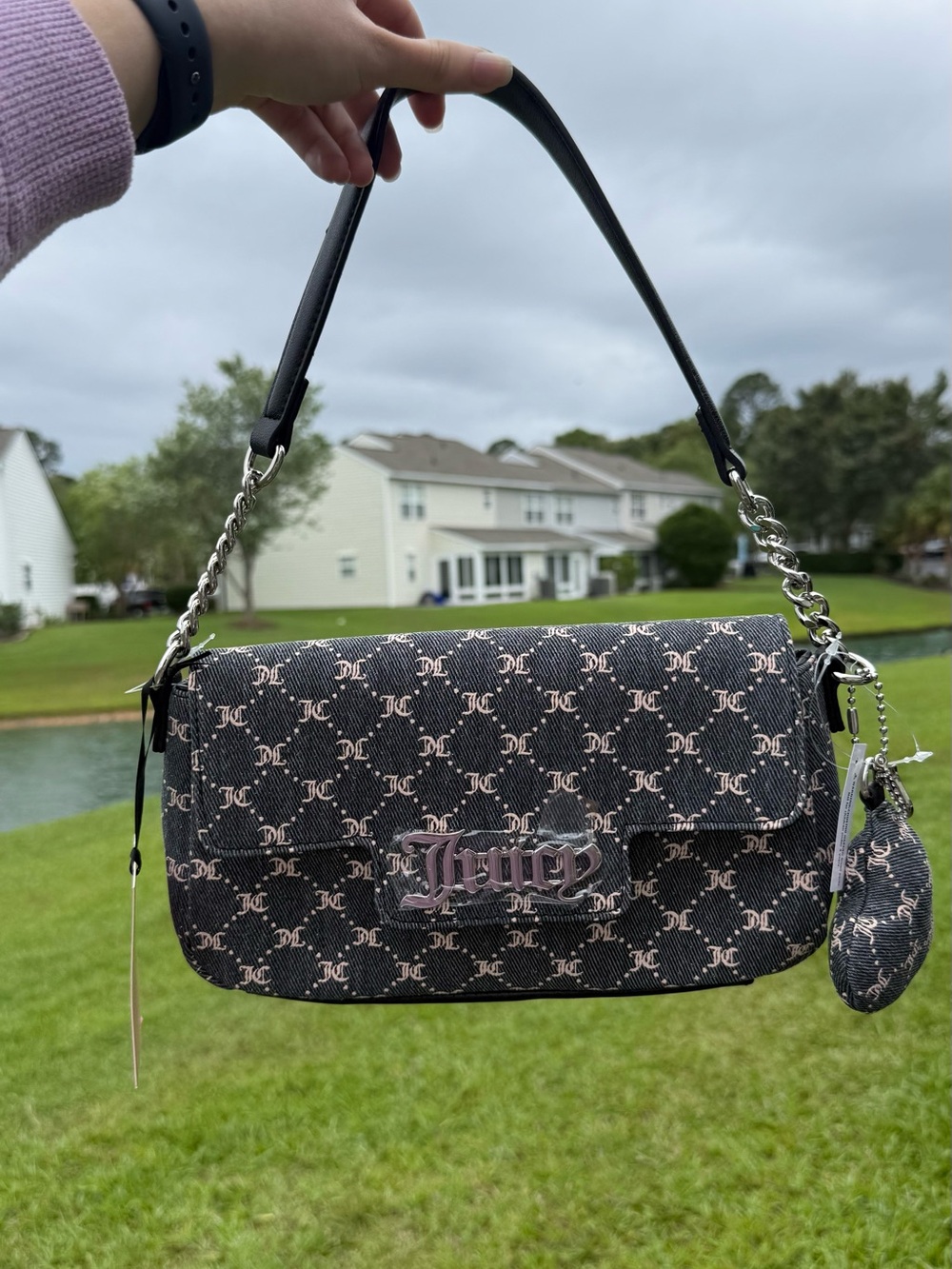 Juicy Couture Black Monogram Shoulder Bag Y2K Silver Chain Charm Purse NWT